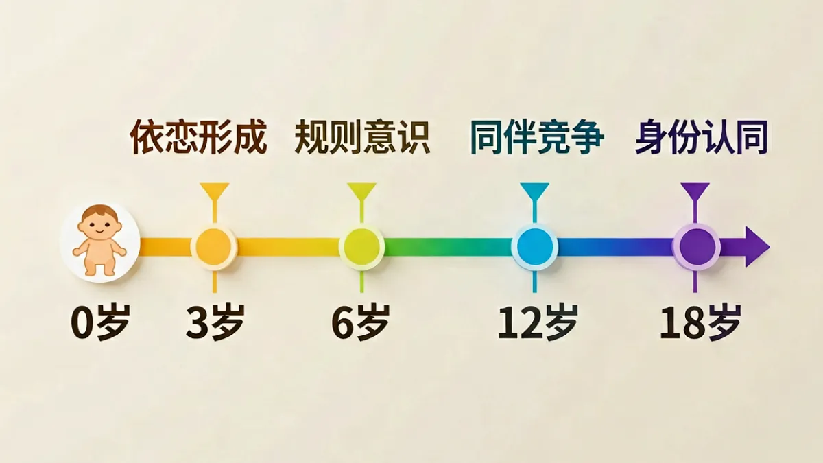 成长时间轴示意图，从婴儿期到青少年期各阶段节点用彩色图标和关键词标注，背景为渐变暖色调