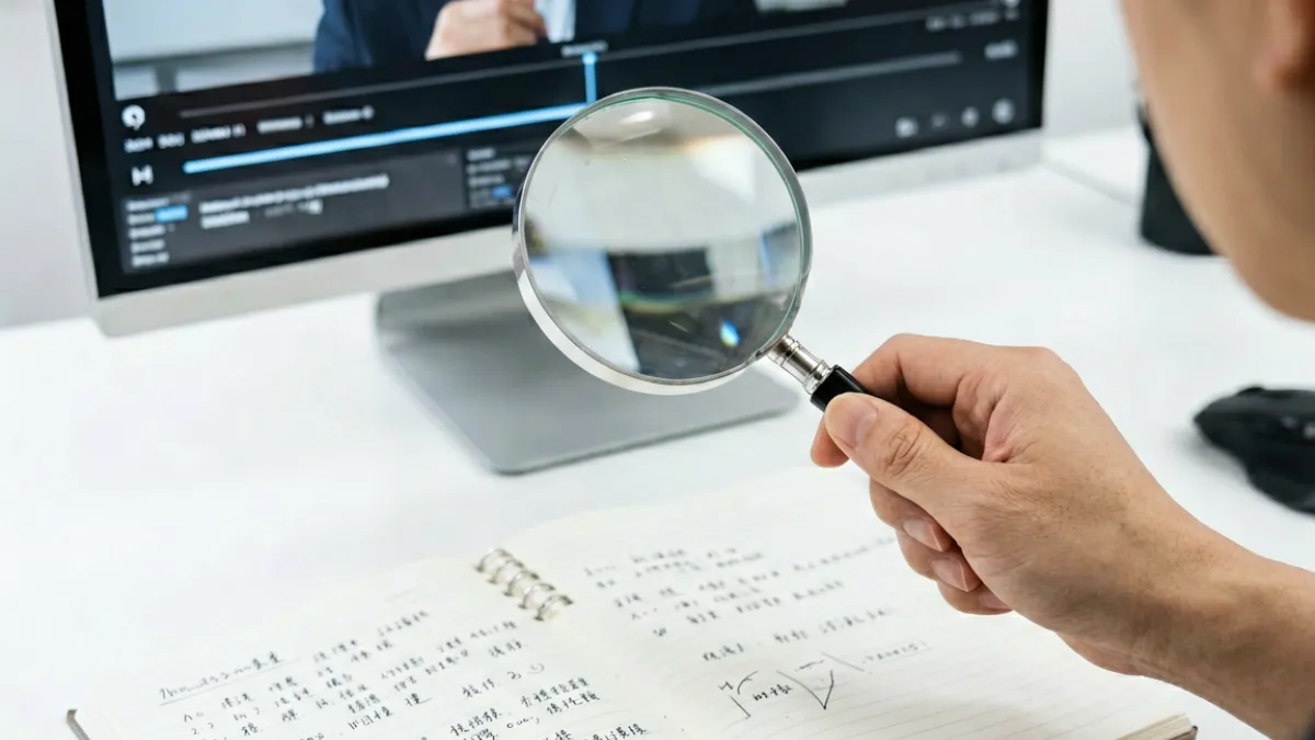 9.1成长视频 - 一个放大镜对焦在视频时间轴上，象征用专业眼光分析成长视频的内容结构与质量层次